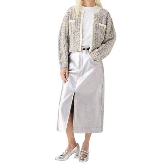 J Crew‎ Cardigan L Grey Cable-knit Sweater Lady Jacket BV344 Gold Buttons Preppy - Picture 12 of 15